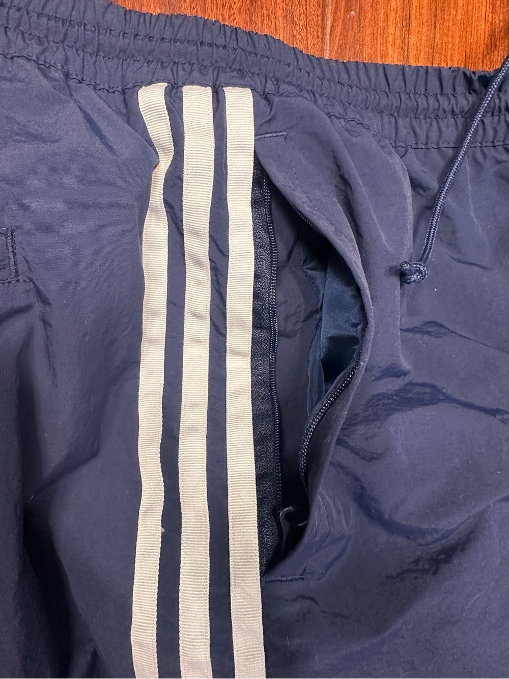 adidas Navy Track Pants with White Stripes and Red Knee Panels - Picture 3 of 7